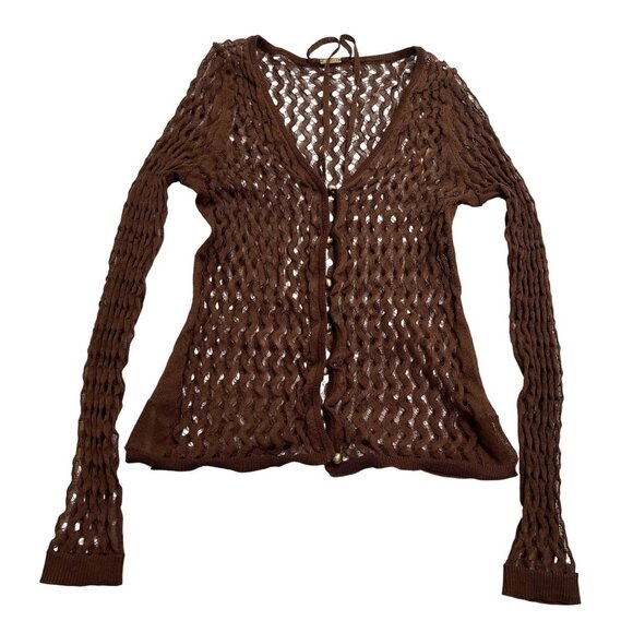Cult Gaia Wavy Knit Button Up Long Sleeve Top in Brown - Picture 1 of 4